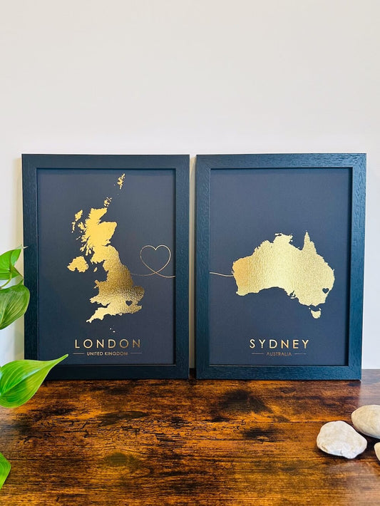 Connect Any 2 Locations | Custom Map Foil Print | Set of 2